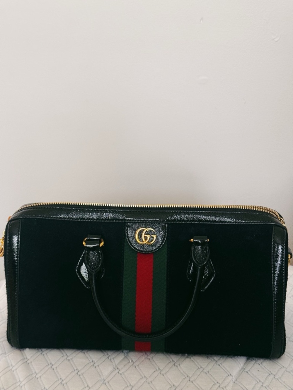 Gucci Black Velvet Small Shoulder with Signature Green-Red Web and Gold Hardware